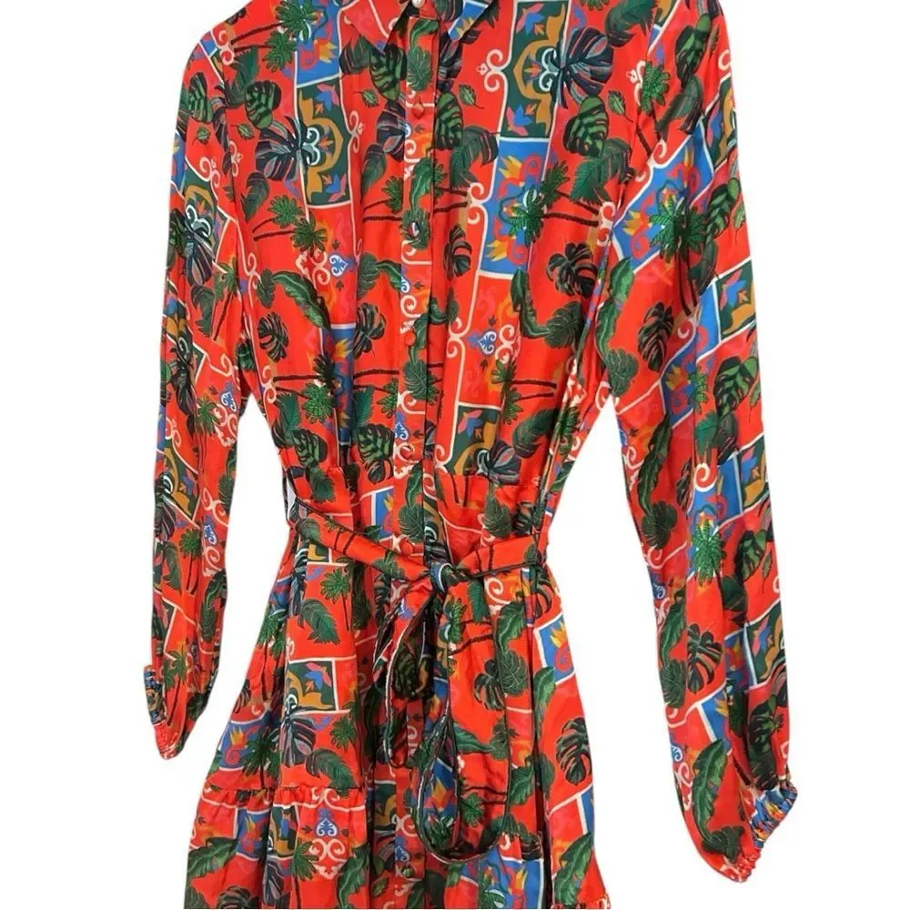 Emily Lovelock Alice Silk Red Print Button Down Dress, Size‎ Medium